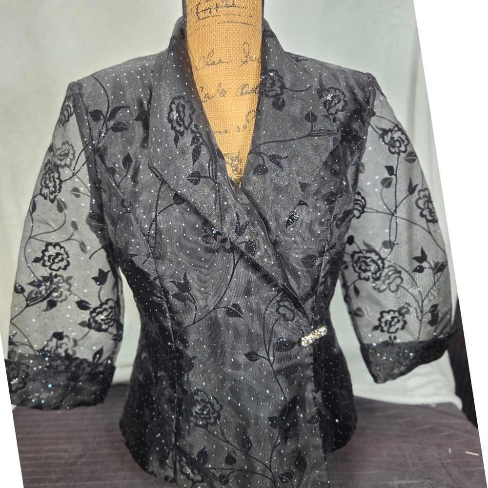 R&M Richards Sheer Black Goth Glitter Blazer Burnout 90s Glam Layering Whimsey